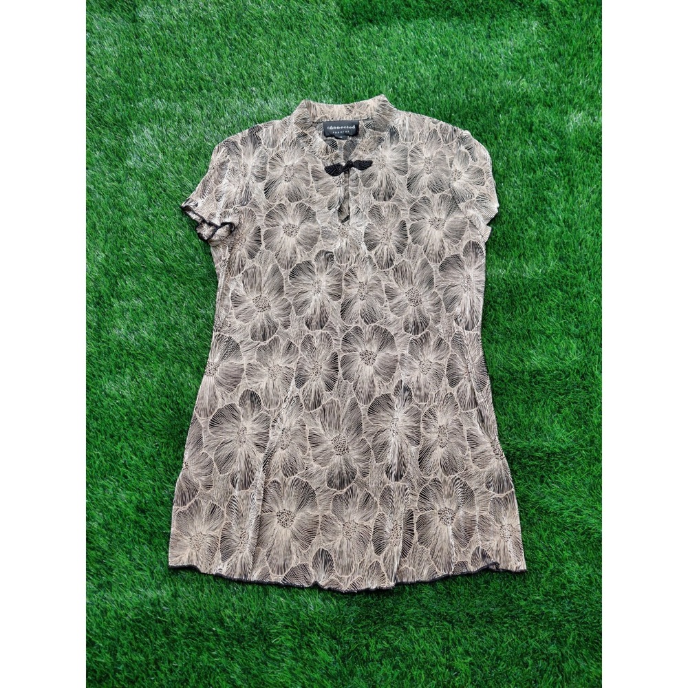 Connected Apparel Blouse 12 Tan Black Womens Polyester Floral Frog Closure Exc